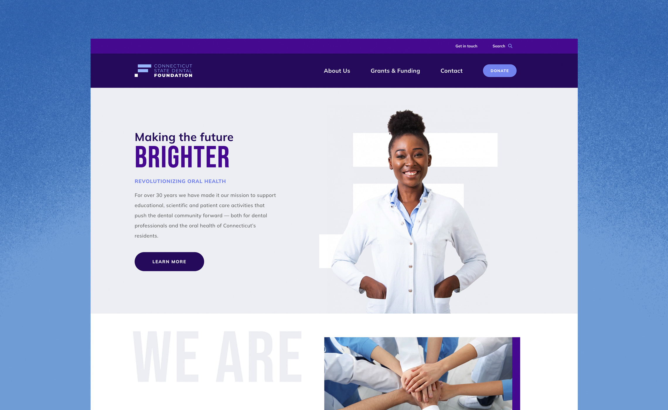 Nonprofit branding for CSDF showing a strong brand with purple and a woman in a lab coat who is a dentist in the hero