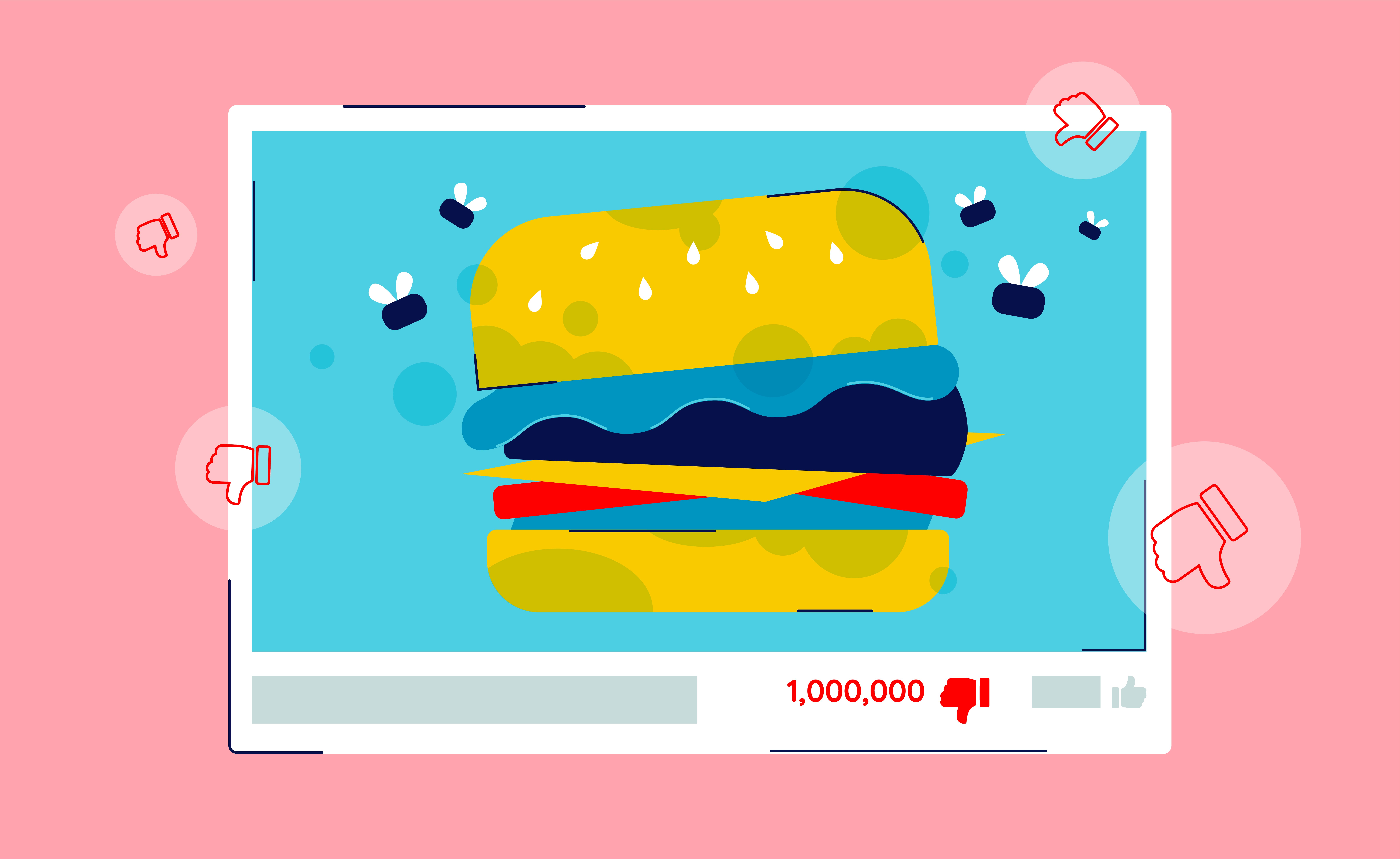 burger king illustration of moldy whopper with flies and thumbs down signs with a million views