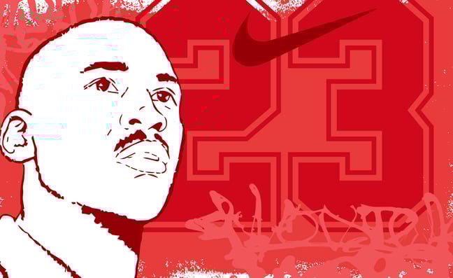 Michael Jordan with a 23 in a big font in the background