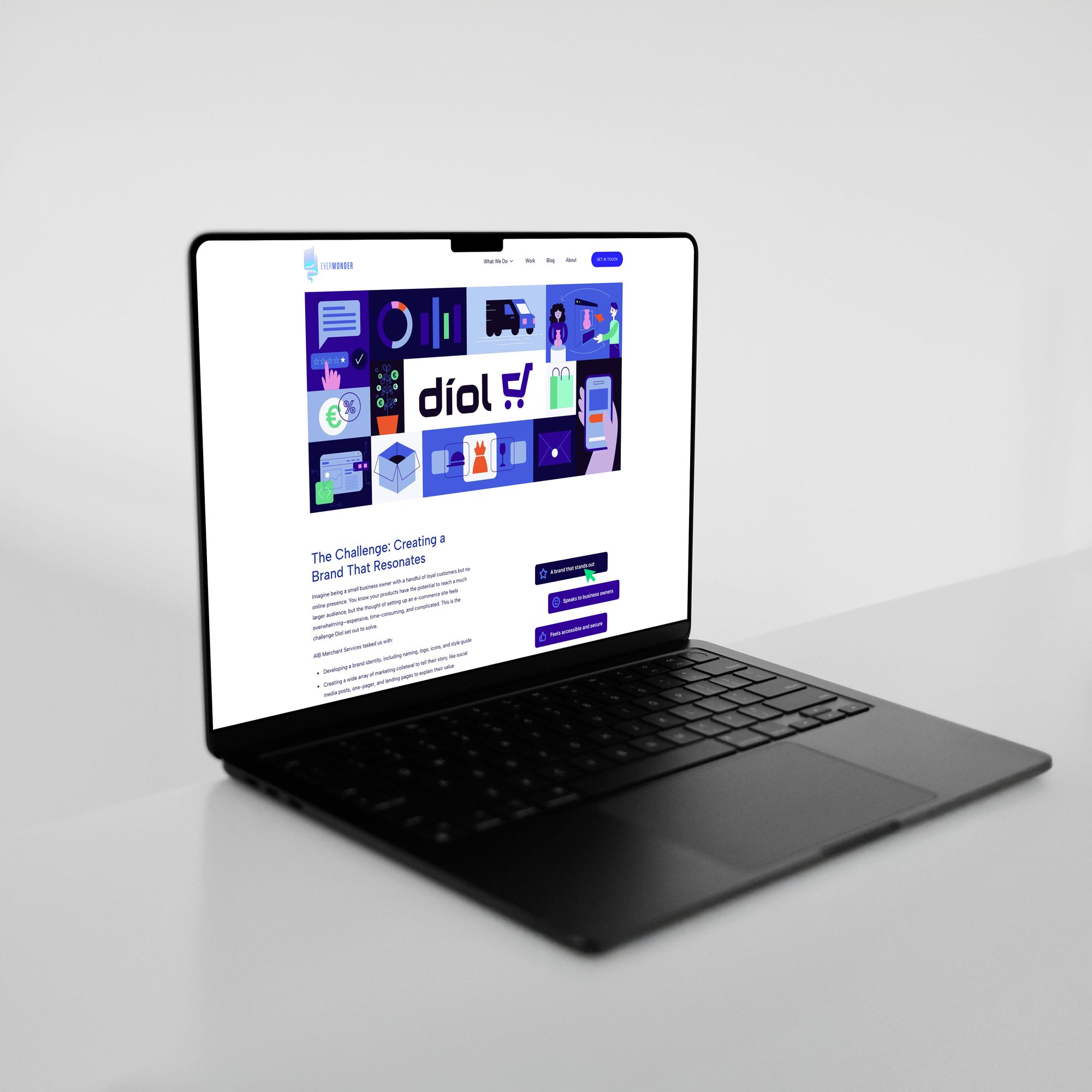 laptop displaying a case study on the Díol eCommerce platform