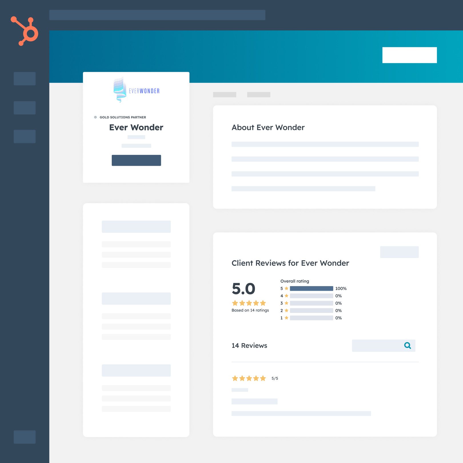 HubSpot partner profile for Ever Wonder, displaying company details, ratings, and client reviews