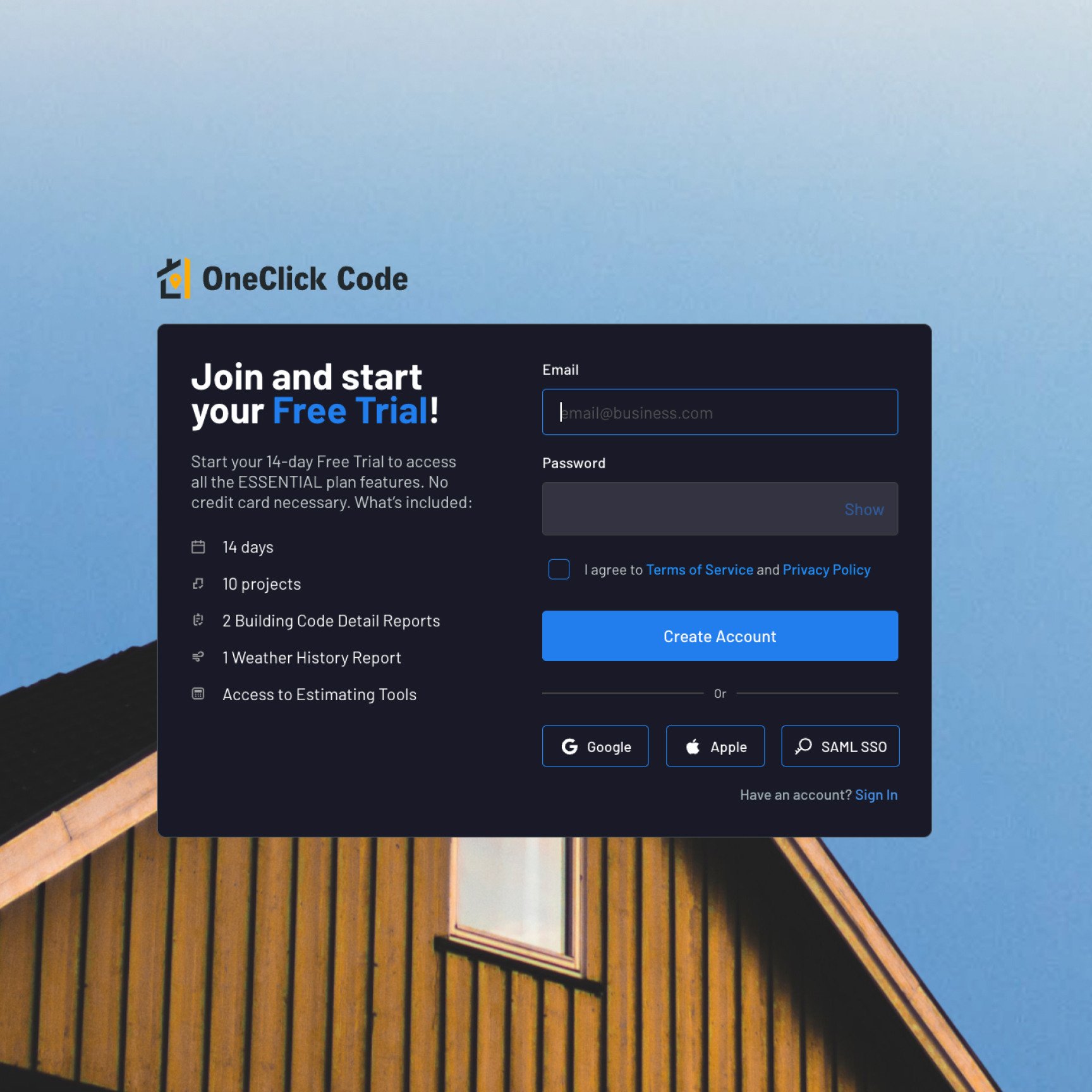 signup page for OneClick Code's free trial, displaying form fields for email, password, and plan details