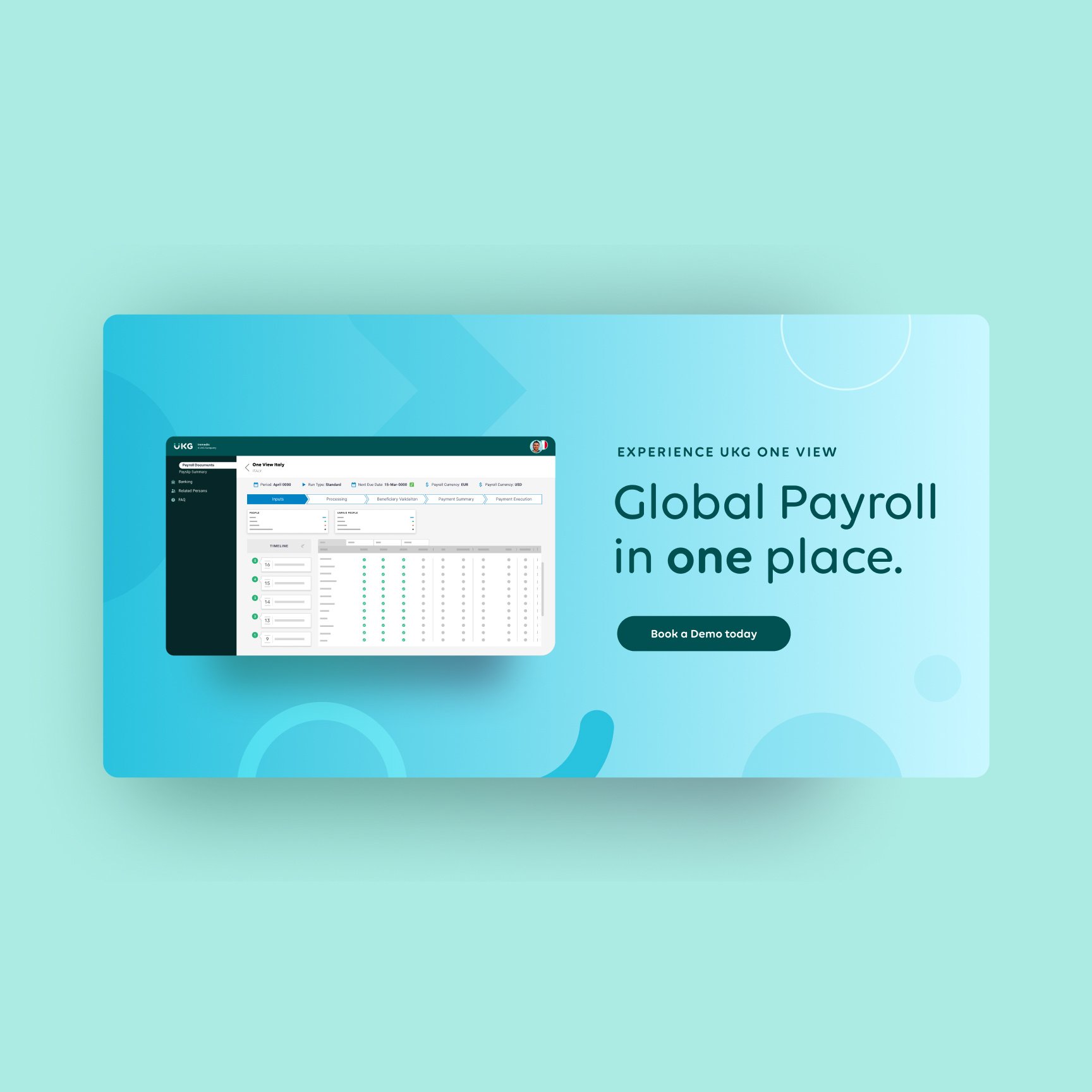 digital ad for UKG One View, promoting global payroll solutions with a call-to-action for booking a demo