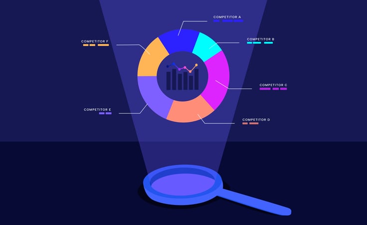 magnifying glass highlighting a colorful pie chart with competitor labels