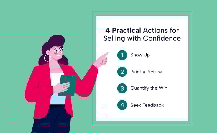 woman with a clipboard points to a board showing four practical actions for selling with confidence