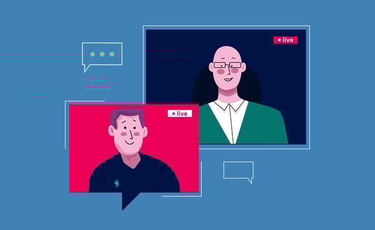 Two speakers appear live on a virtual conference platform, one in a red frame and the other in a green frame, with speech bubbles indicating a live discussion