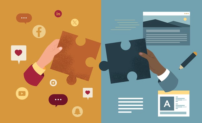 two puzzle pieces, one side with social media icons around it, the other with a blog post and pencil