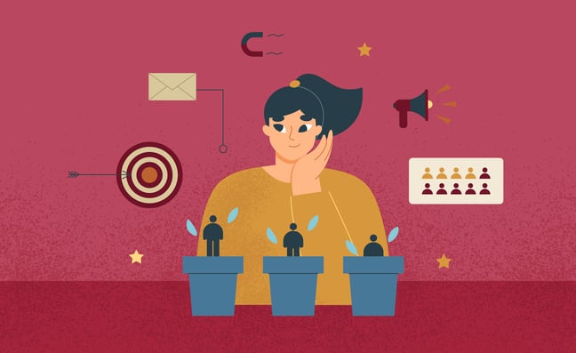 girl with 3 pots in front of her with 3 people from short to tall and icons in the background
