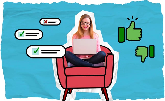 woman sitting in chair and fulling out a survey
