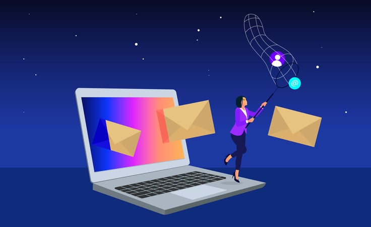 laptop with envelopes flying out and a woman catching a contact symbol in a net, representing email marketing and lead capture