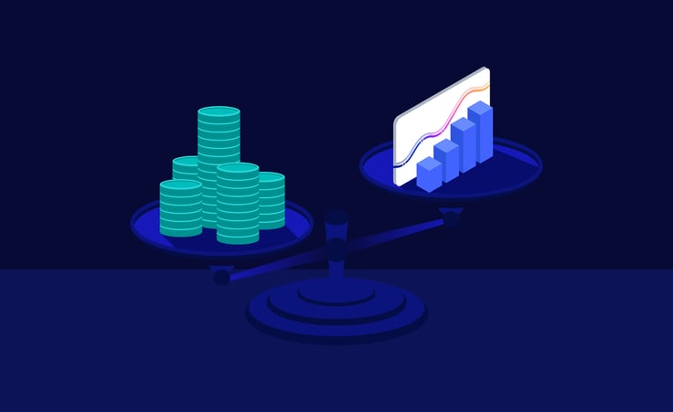 balance scale with stacked coins on one side and a data chart on the other, representing financial investment and marketing outcomes