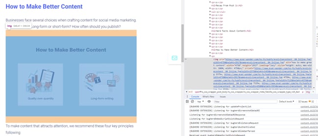 Blog post titled 'How to Make Better Content' with visual representations of content creation tools like charts and graphs
