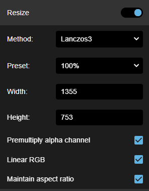 Image resize settings on Squoosh app showing width, height, and quality options