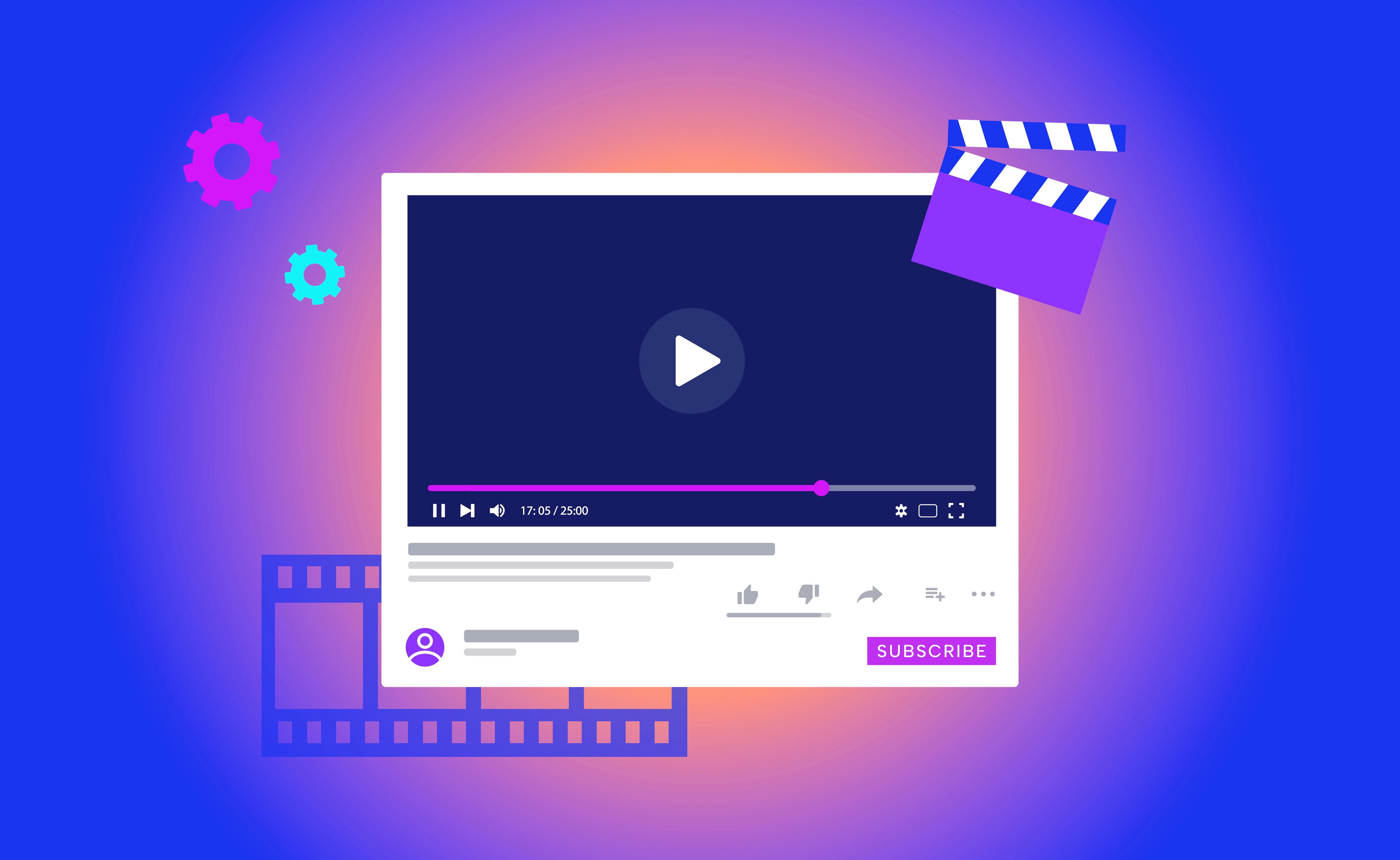 video player interface with video editing tools and a subscription call-to-action, representing video marketing content