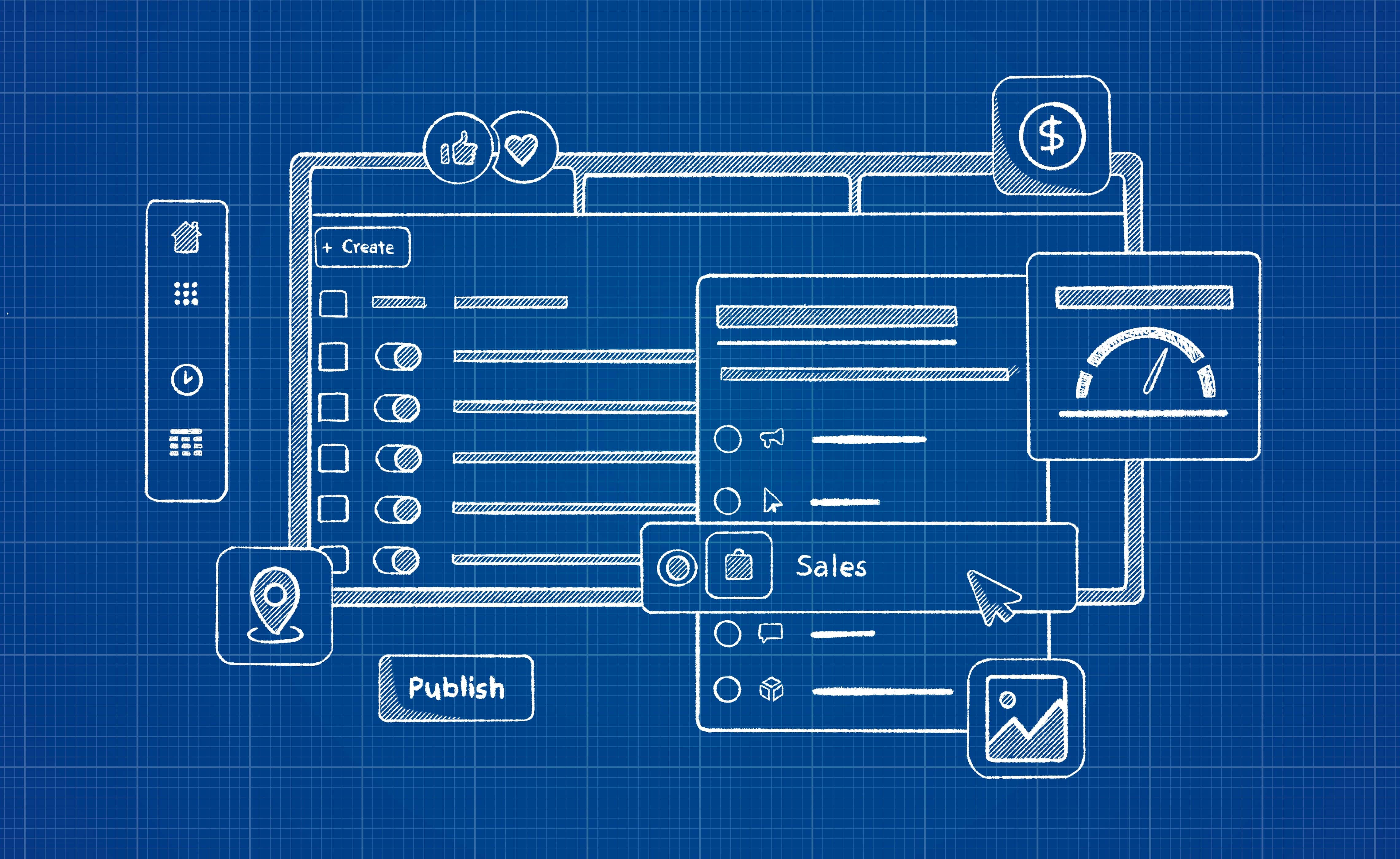 Blueprint dashboard showing social media publishing tools, engagement icons, and sales metrics