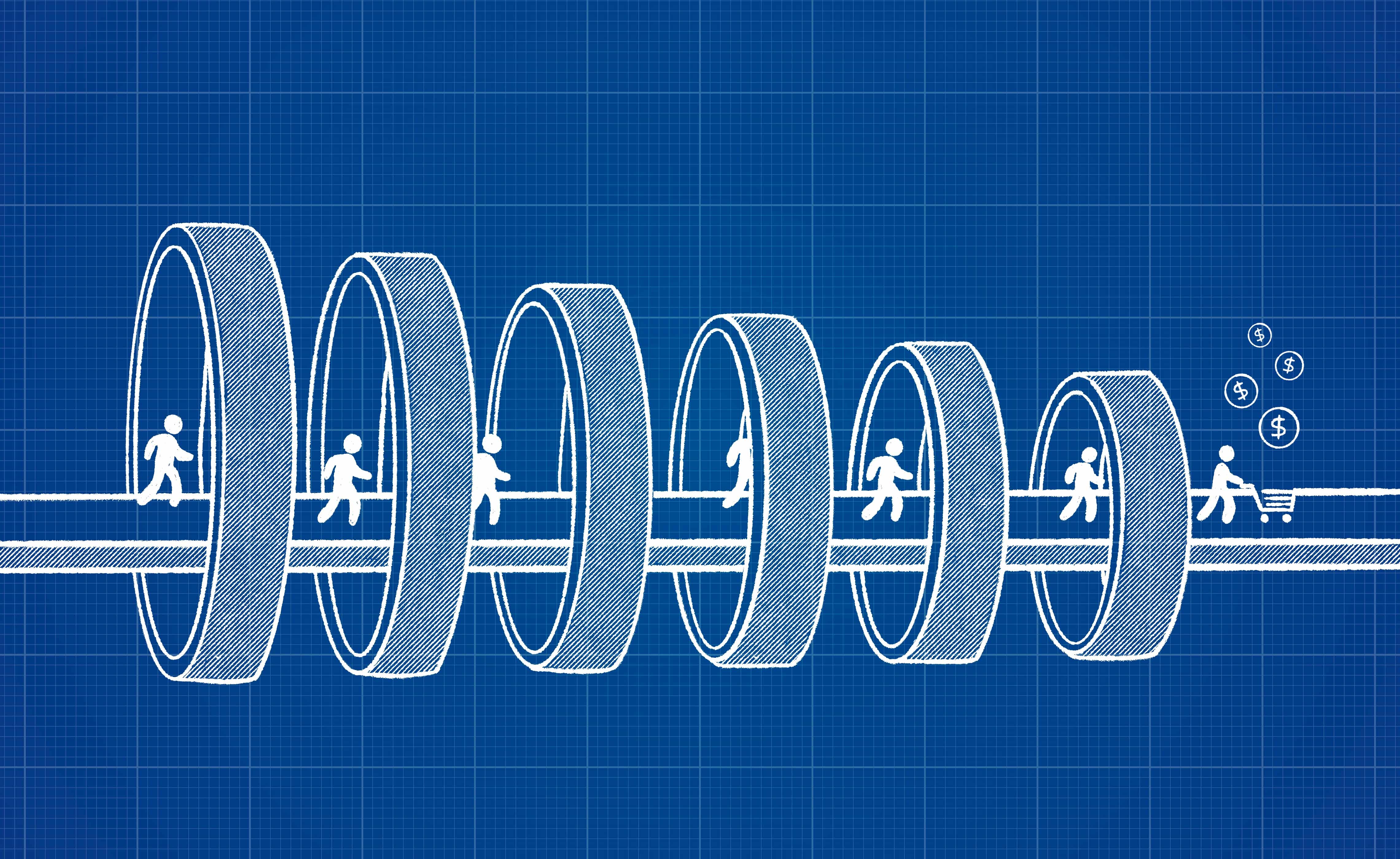Blueprint graphic of people moving through stages of a funnel, representing the B2B customer journey