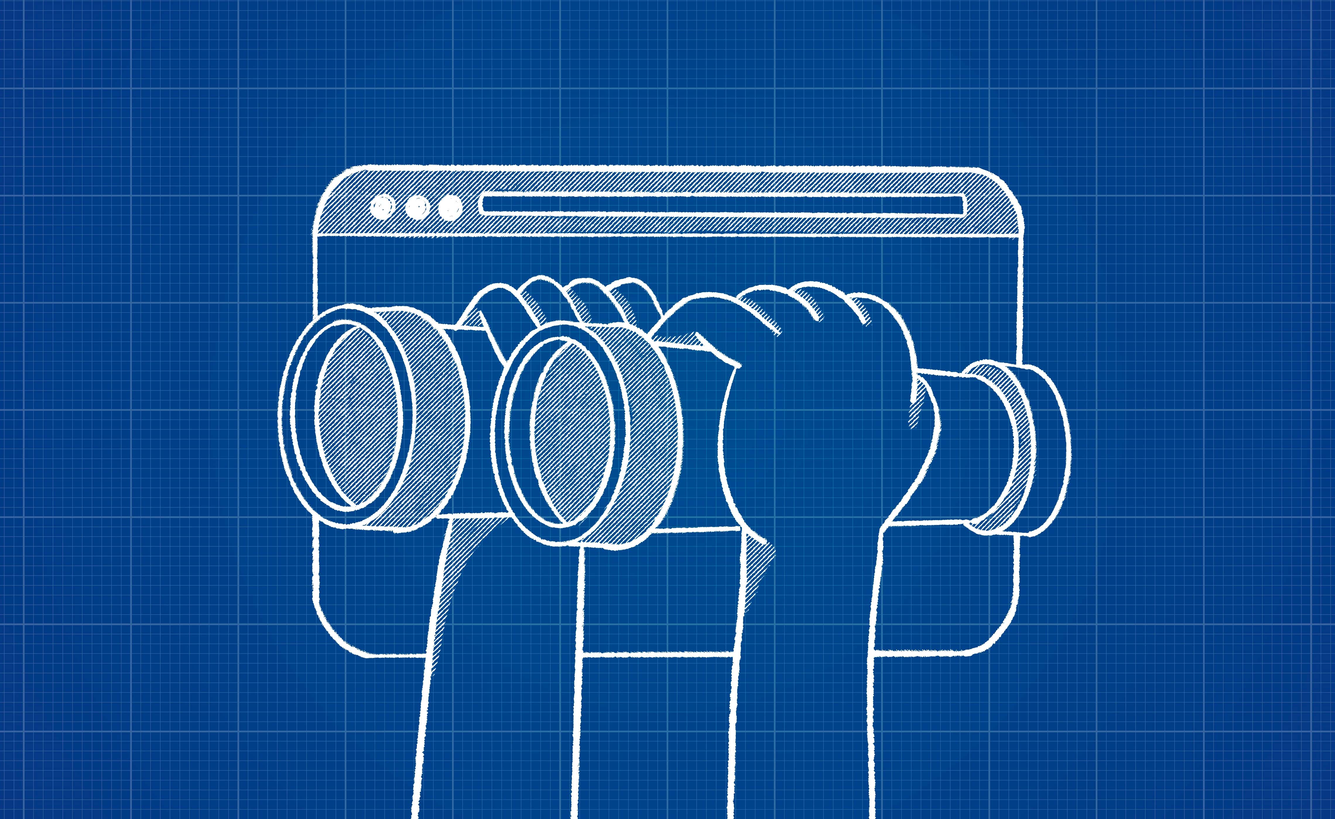 Blueprint drawing of binoculars in front of a browser window, symbolizing search visibility
