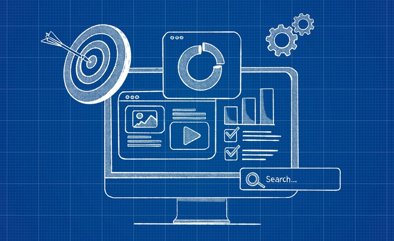 Blueprint illustration of a computer with charts, search bar, and target, symbolizing SEO performance marketing