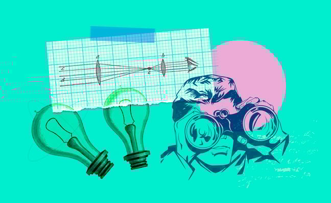 collage of tools like a lightbulb, new ideas on paper, and a man who is trying to focus using binoculars