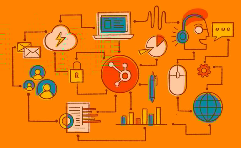 digital design with HubSpot logo in the center with different pathways leading to other icons