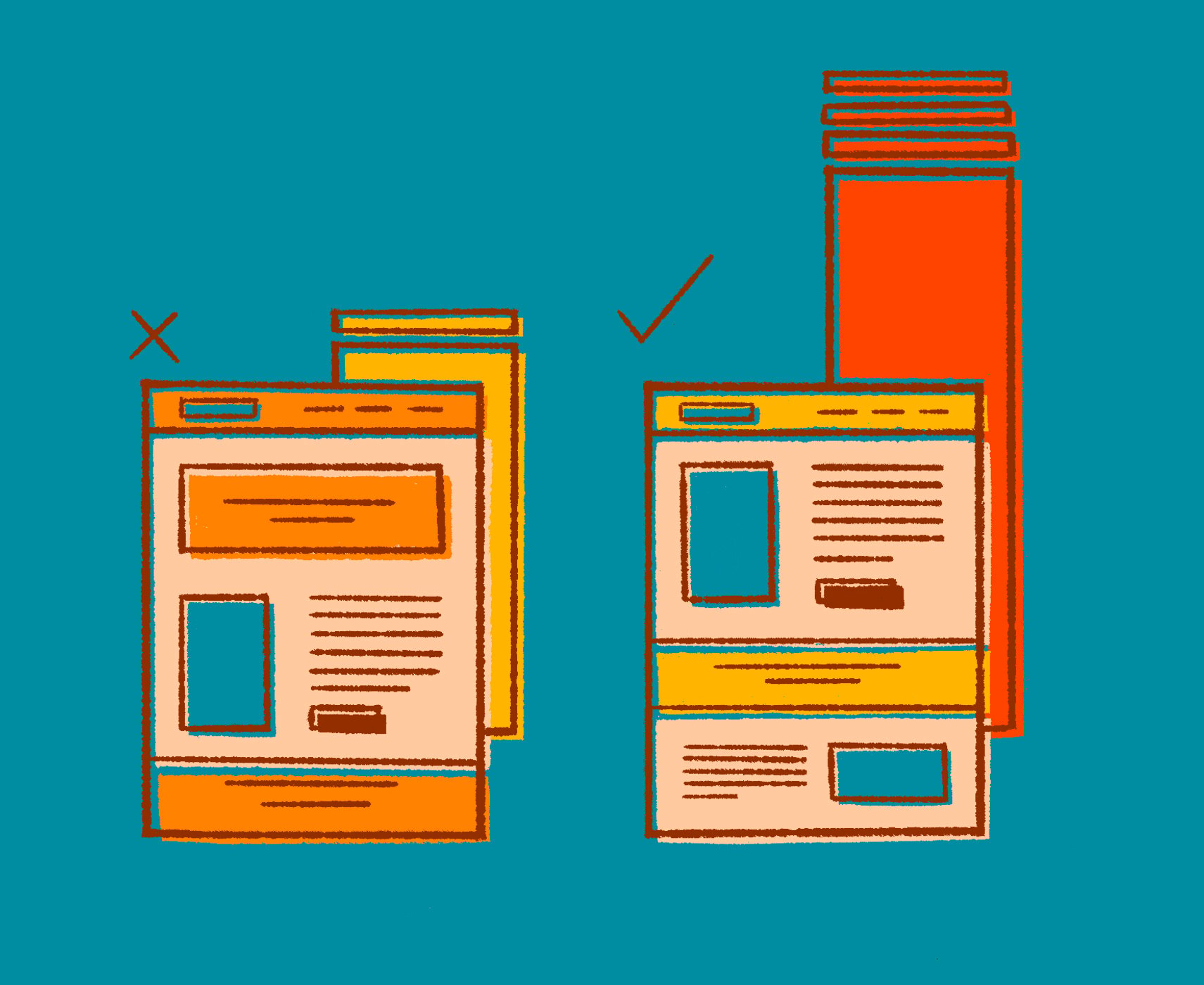 illustration of two different web pages, one with a checkmark and one with an x