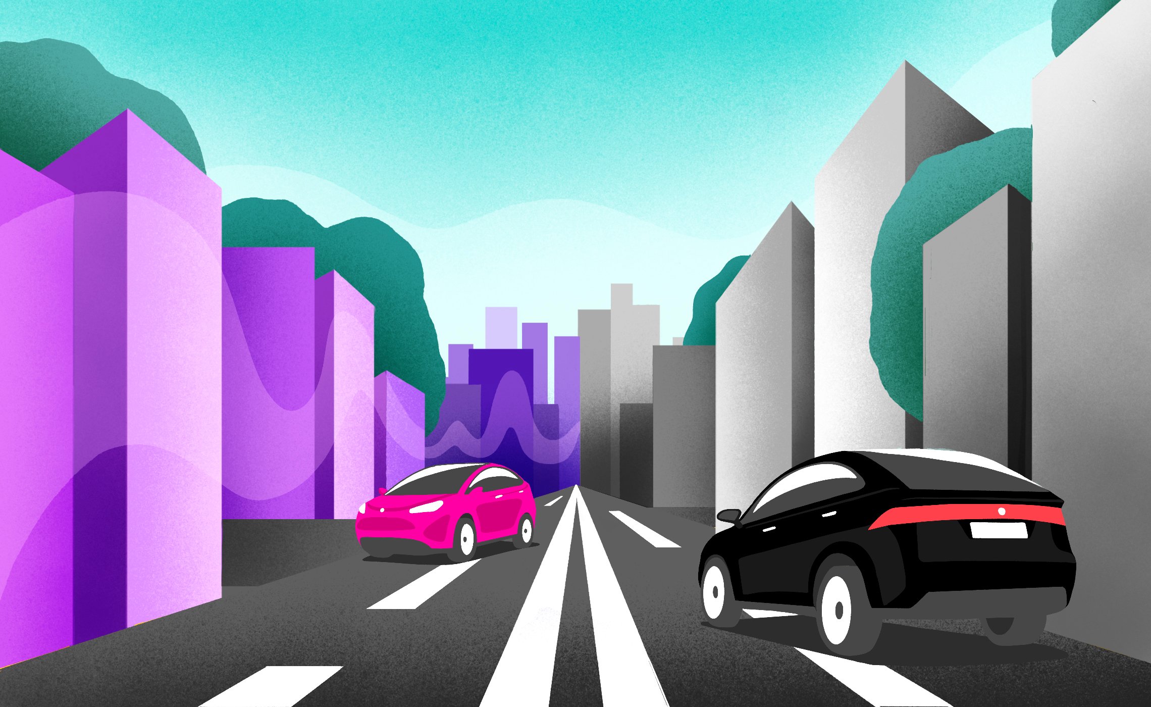 visual elements of a pink Lyft car and black Uber car