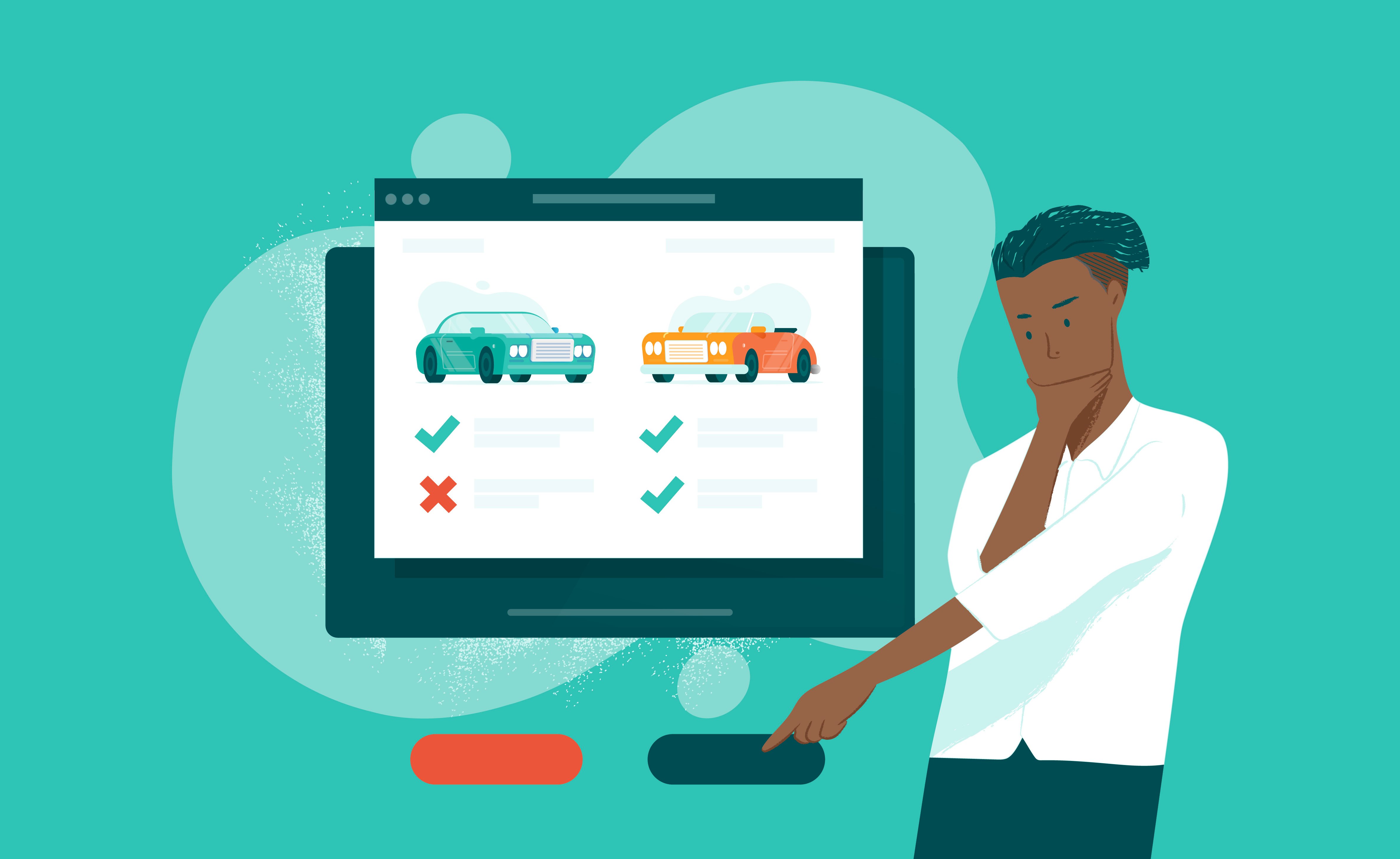 man looking at examples of cars and selecting which better represent his needs