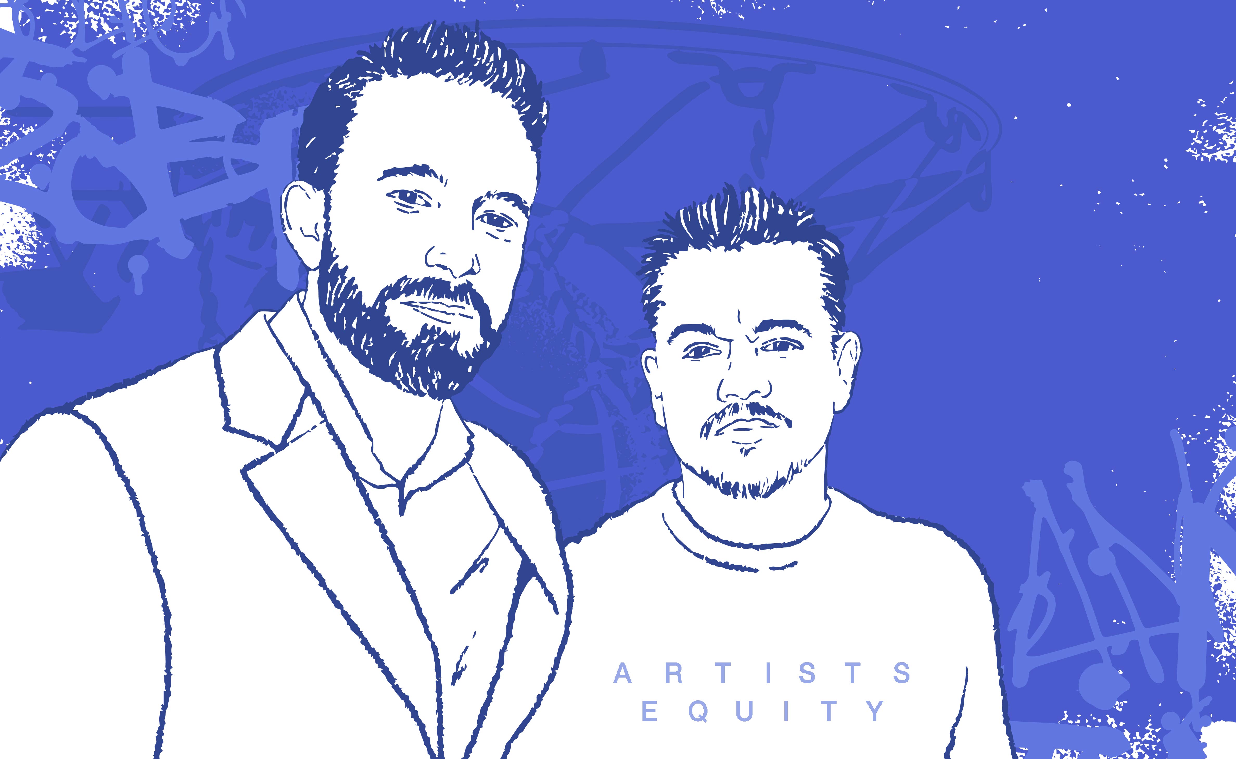 Mat Damon and Ben Affleck with a t-shirt that says Artists Equity