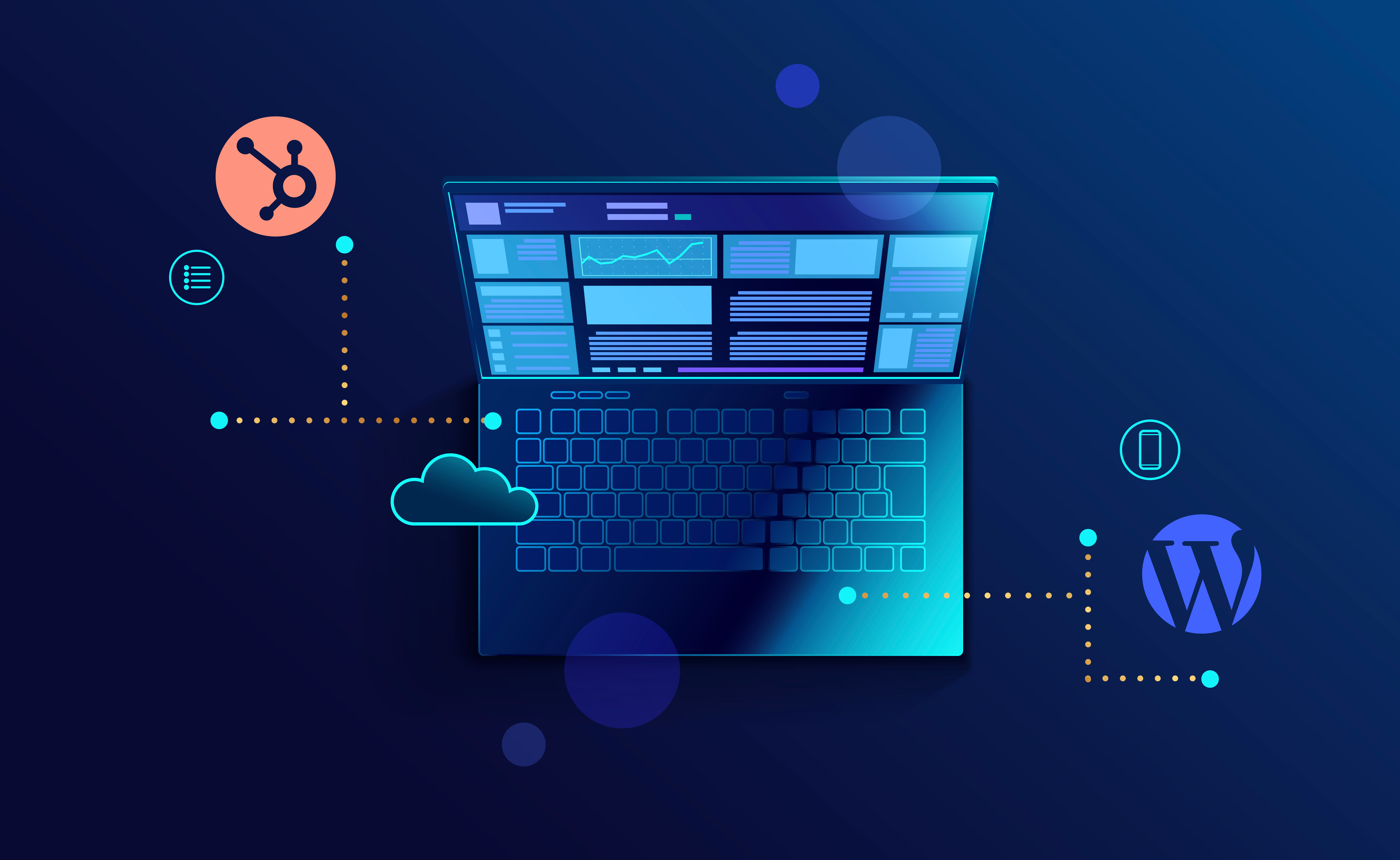 computer with clouds, hubspot icon, and wordpress icon