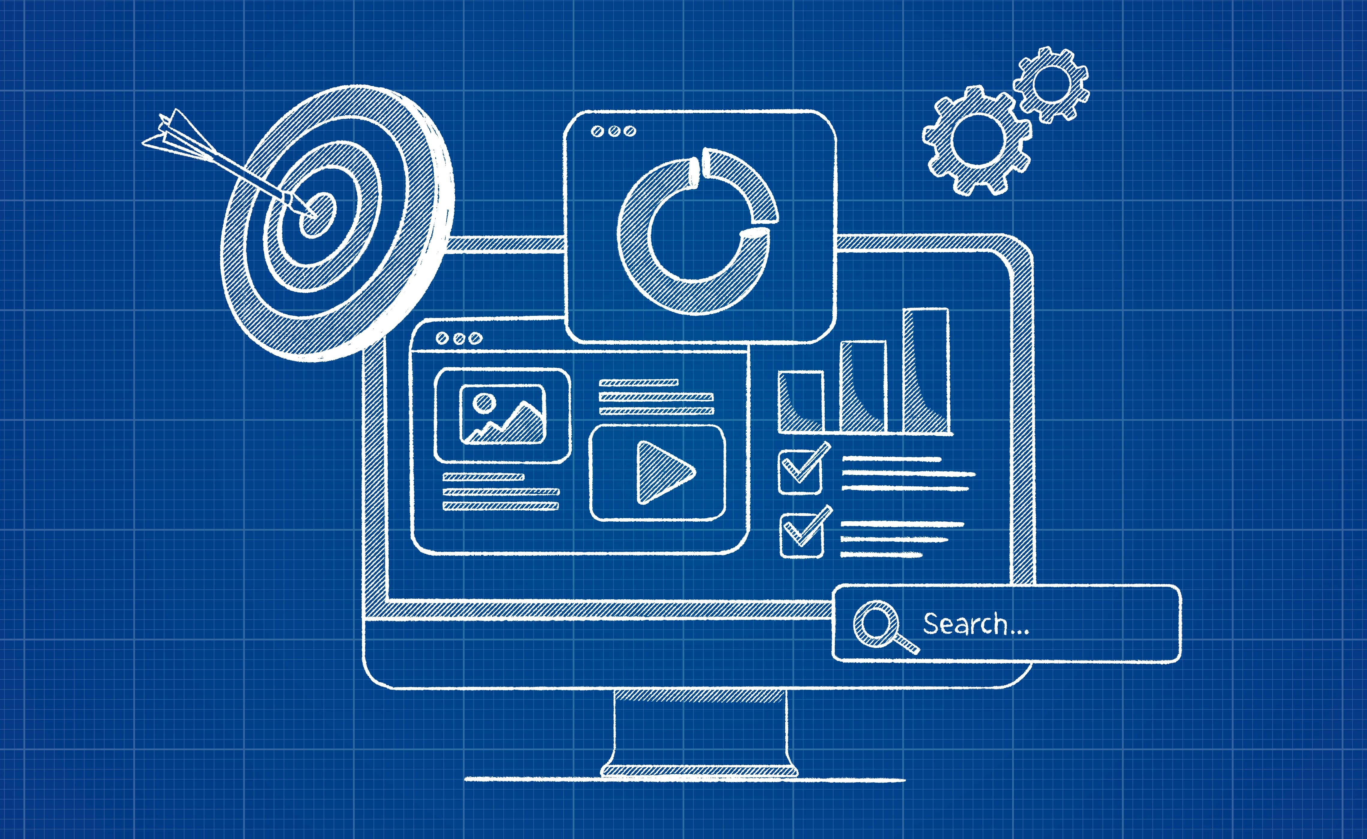 Blueprint illustration of a computer with charts, search bar, and target, symbolizing SEO performance marketing