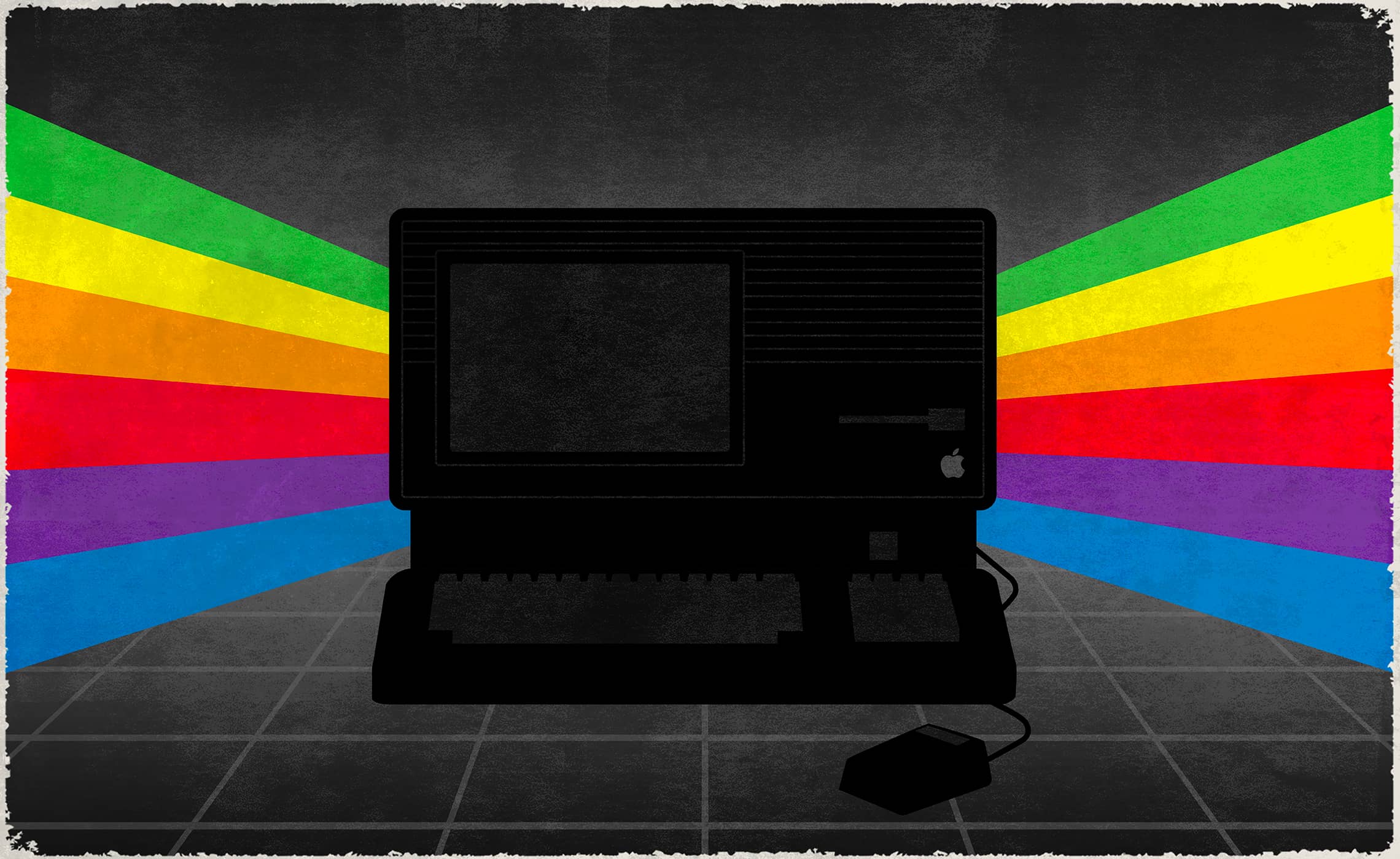blacked out computer with rainbow in the background