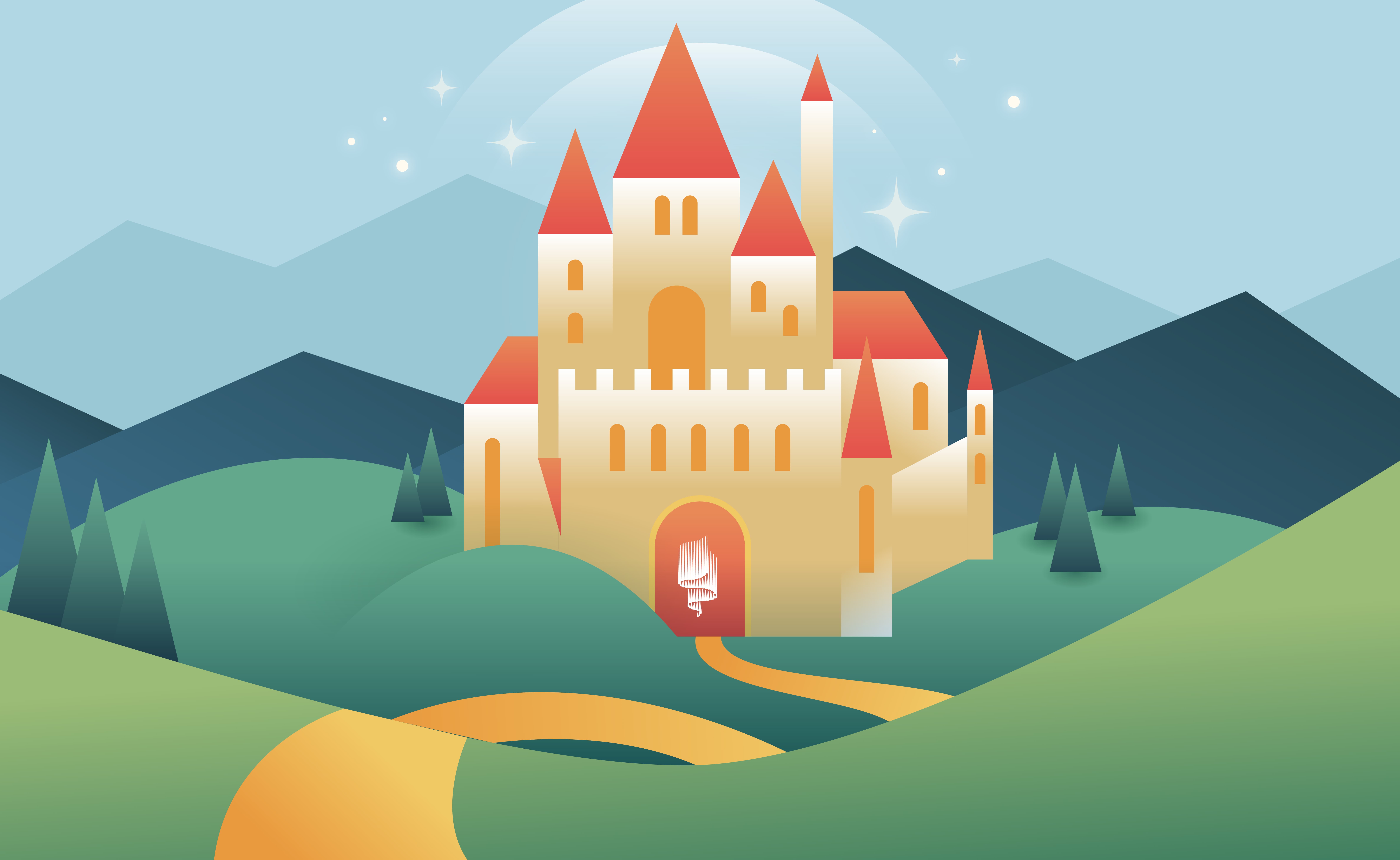 castle with red door and white aurora borealis logo facing the outside world