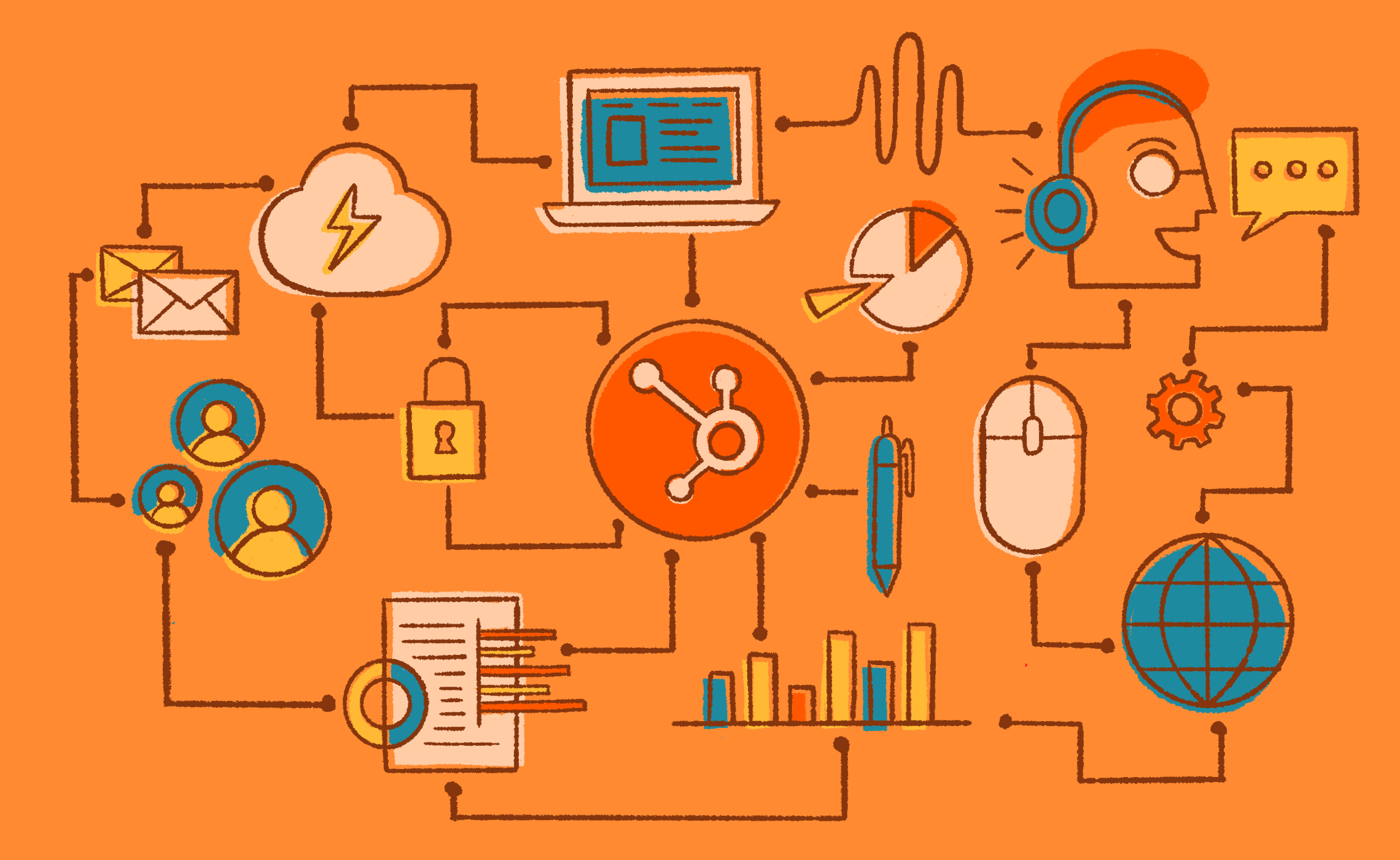 digital design with HubSpot logo in the center with different pathways leading to other icons