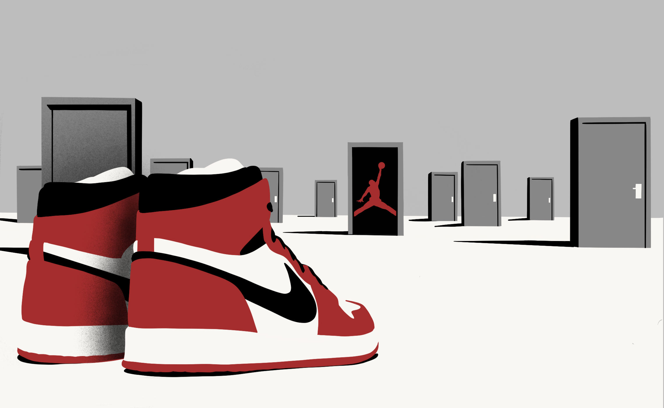 red air jordan 1's with michael jordan's silhouette in one of many doorways