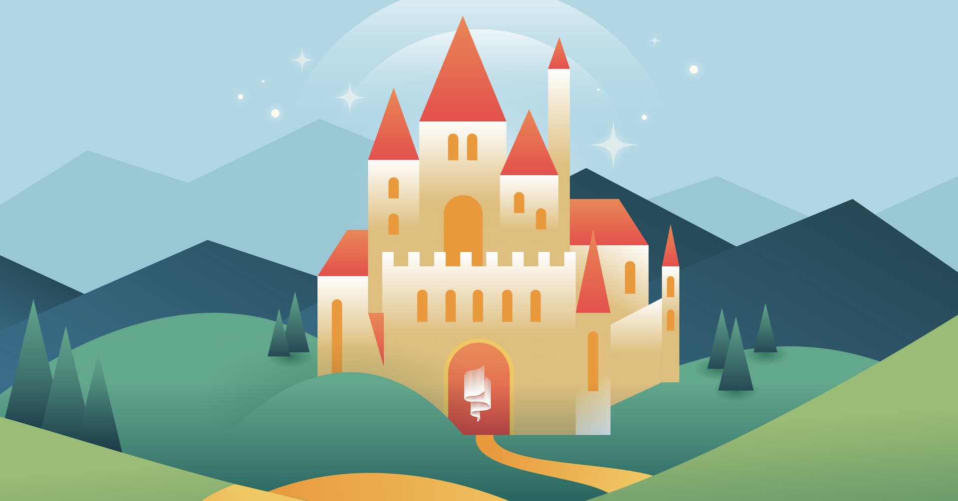 road leading to castle with everwonder logo on the door